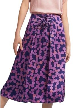 Anthropologie Maeve Zadie Dot Lace Up Midi Skirt Size 2 Plum Polka Dot Print